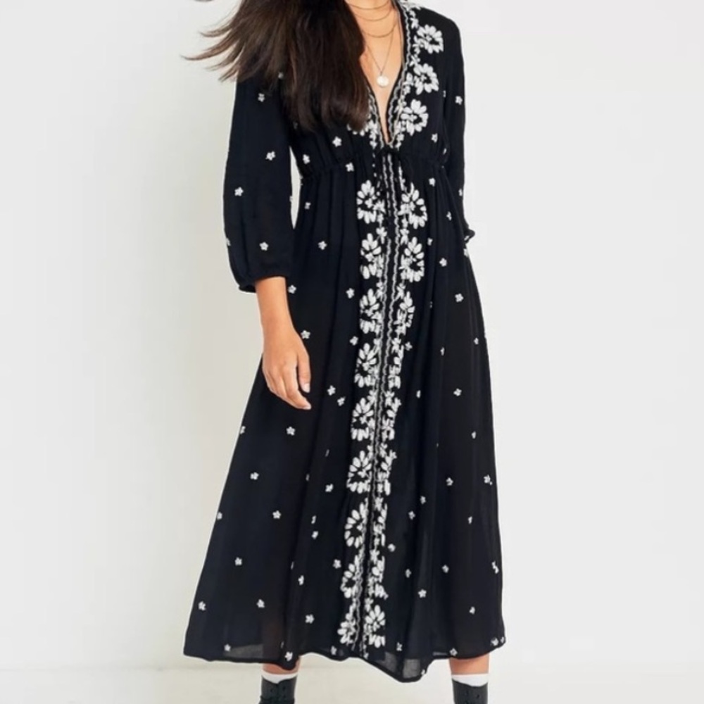 Free People hook & tie embroidered black milkmaid dress